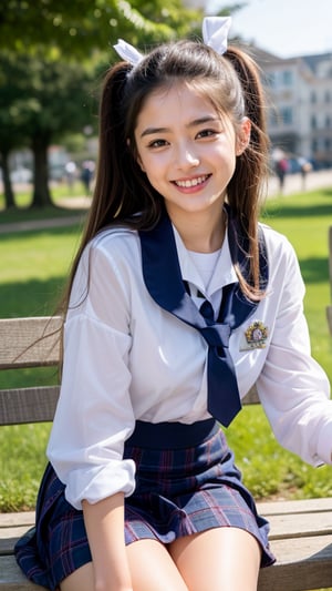 Surreal portrait of a 16 year old girl with long beautiful hair. She is wearing her school uniform, a sailor suit, with a white shirt, tartan tie, and tartan plaid skirt. She is painting an image. Her hair is in brown pigtails and she is sitting on a white bench chair in the park, a gentle smile on her face and warmth radiating from her blue eyes. Her discreet red ribbon adds a charming touch to her uniform. A smile, knee-length tights, a smile,