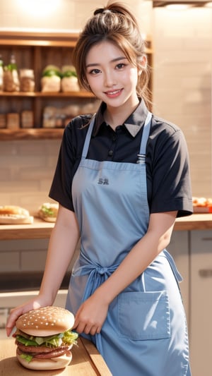 Hamburger shop, standing at the counter, employee, 16 years old, girl, brown hair in ponytail, wearing clerk's uniform and apron, smiling, top quality, 32k, photorealistic, super detailed, detailed, high resolution, perfect Dynamic composition, beautiful detailed eyes, blue eye color, sharp focus, cowboy shot, smile,