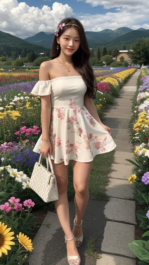 1 girl, solo, long hair, looking at viewer, bangs, brown hair, strapless, full body, colorful floral dress, gold high heels, outdoors, clouds in the sky, mountain view, flower field, headband, open lips, lips, real, 16 years old, 150 cm tall, adorable smile, teeth, earrings, necklace, shoulder bag, Leonardo