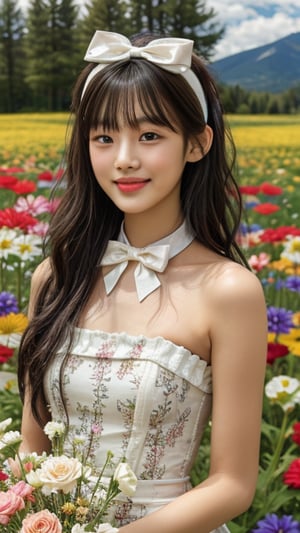 One girl, solo, long hair, looking at the viewer, bangs, brown hair, strapless, colorful floral dress, outdoors, mountain view, in a flower field full of flowers, flowers in hand Has, bowknot, ribbon, hair ribbon, hair band, open lips, bow tie, lips, bowknot, ribbon, realistic, 16 years old, height 150cm, nice smile, teeth, Leonardo