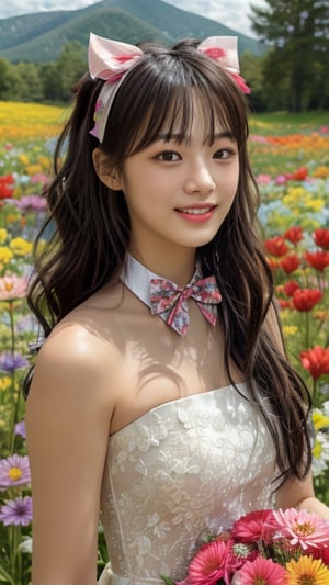 One girl, solo, long hair, looking at the viewer, bangs, brown hair, strapless, colorful floral dress, outdoors, mountain view, in a flower field full of flowers, flowers in hand Has, bowknot, ribbon, hair ribbon, hair band, open lips, bow tie, lips, bowknot, ribbon, realistic, 16 years old, height 150cm, nice smile, teeth, Leonardo