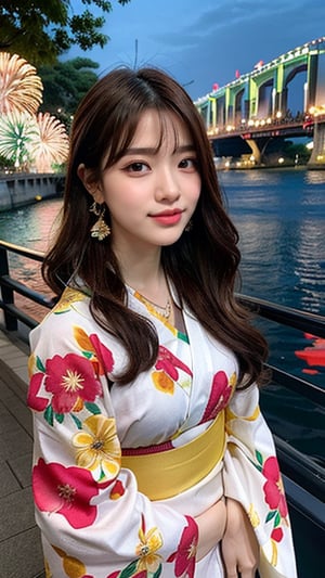 16-year-old Korean woman, smile, long brown hair, colorful floral pattern yukata, watching the Sumida River fireworks festival, earrings, necklace, 150cm, nice smile, (LuanMei)