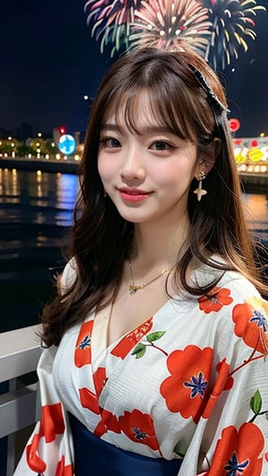 16-year-old Korean woman, smile, long brown hair, colorful floral pattern yukata, watching the Sumida River fireworks festival, earrings, necklace, 150cm, nice smile, (LuanMei)