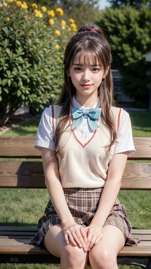 Masterpiece, Top Quality, High Resolution, 1 Female, Solo, Long Hair, Brown Hair, Ponytail, Parted Bangs, Blue Eyes, Uniform, Red Bow Tie, White Shirt, Short Sleeves, Pink Sweater Vest, Tartan Skirt, Sitting, Outdoors, white bench, smile, 16 years old, smiling,