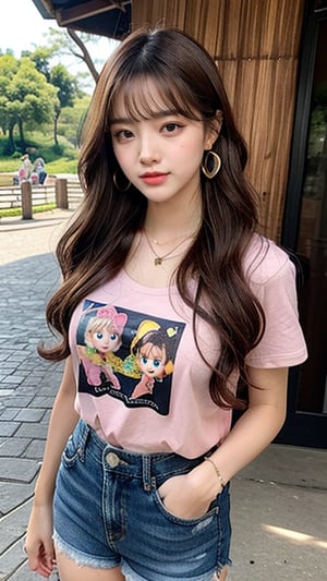 18-year-old Korean woman, long brown hair with fairy-like hairstyle, large pink and black T-shirt, shorts, blue jeans, walking in the zoo, 160cm tall, nice smile, (Luan Mei), smile , wearing a necklace and earrings, laughing out loud,