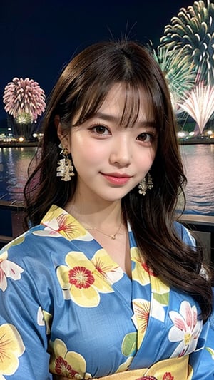 16-year-old Korean woman, smile, long brown hair, colorful floral pattern yukata, watching the Sumida River fireworks festival, earrings, necklace, 150cm, nice smile, (LuanMei)