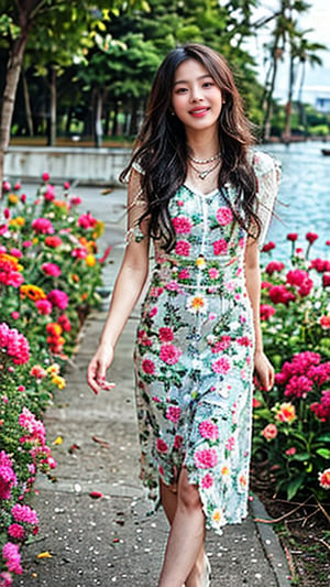 A stunning Ukrainian beauty is posing in a lush botanical garden on a bright sunny day. She wears a bright traditional embroidered dress decorated with intricate black, red and green patterns, and her blonde hair shines under the warm light. Her radiant smile captures the essence of her joy as she stands where the sea and flower fields bloom. A gentle breeze sways her petals, harmonizing with her carefree laughter. 16 years old, nice smile, teeth, earrings, necklace, white high heels, whole body,