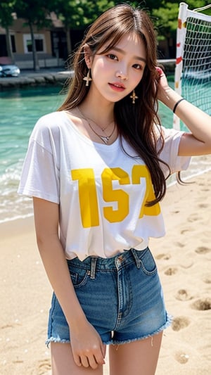 Korean female, 16 years old, long blonde shiny fairy hair, oversized t-shirt in Karaul, shorts, blue jeans, started playing beach volleyball, smiling, blue eyes, beautiful face, smiling, laughing out loud , wearing a necklace and earrings, (Luanmei), smiling,