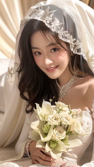 Beautiful bride, dark blonde hair, wearing a beautiful wedding dress, high heels and accessories, lying on the bed with a bouquet. Happy smile, facial lighting, top quality, 32k, photorealistic, super detailed, finely detailed, high resolution, perfect dynamic composition, beautiful detailed eyes, sharp focus, cowboy shot, top view, ruanyi0263, 16 Years old, adorable smile, teeth, bridal veil