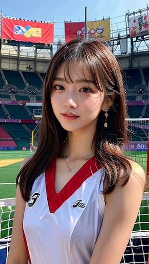 16-year-old Korean woman, smiling, long brown hair, Japanese female volleyball player's top and bottom equipment red (ASICS), participating in the Olympic Stadium in France, the cauldron is visible, the dove of peace is flying, earrings, Necklace, 150cm, lovely smile, (Luanmei)