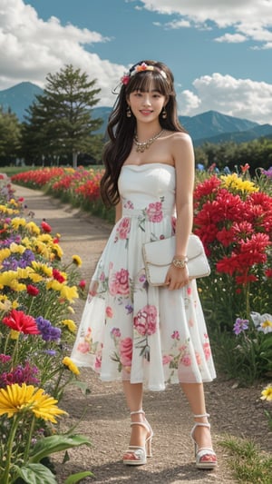 1 girl, solo, long hair, looking at viewer, bangs, brown hair, strapless, full body, colorful floral dress, white high heels, outdoors, clouds in the sky, mountain view, flower field, headband, open lips, real, 16 years old, 150 cm tall, adorable smile, teeth, earrings, necklace, shoulder bag, Leonardo