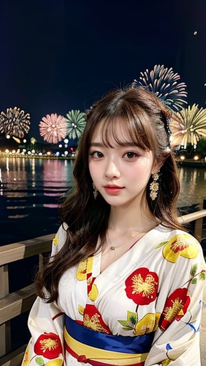 16-year-old Korean woman, smile, long brown hair, colorful floral pattern yukata, watching the Sumida River fireworks festival, earrings, necklace, 150cm, nice smile, (LuanMei)