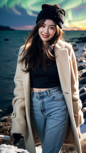 Masterpiece, Top Quality, ((Colorful Aurora)), Penguin colony in Antarctica, snow field, 1 girl, 16 years old, nice smile, teeth, solo, long brown hair, brown eyes, wool hat, gloves , coat, denim pants, looking at the viewer, standing, dynamic vista shot, bright sunlight, perfect composition, super detailed, official art, detailed background, surreal, high resolution, background details​ has been strengthened.