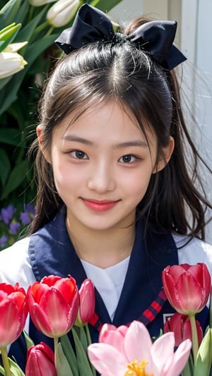 Surreal portrait of a 16 year old girl with long beautiful hair. She is wearing her school uniform, a sailor suit, with a white shirt, tartan tie, and tartan plaid skirt. She is painting an image. Her hair is in a brown ponytail, and she is in her home's garden of flowers, including tulips, with a gentle smile on her face and warmth radiating from her blue eyes. Her uniform is a modest red ribbon. A lovely smile that adds a charming touch to