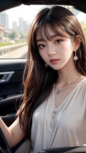 Highway, beautiful Korean girl, 16 years old, black hair (very long hair, straight hair, bangs), driving a car (red convertible), small earrings, necklace, top quality, 32k, photorealistic, super detailed, Fine detail, high resolution, perfect dynamic composition, beautiful detailed eyes, sharp focus, whole body, smile,