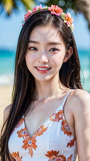 Highly Detailed Eyes, Highly Detailed Face, Top Quality, Tabletop, Highly Detailed, Highly Detailed, (Realistic, Photorealistic: 1.3), Smile, (Looking Ahead), Look at the Beholder, Flower patterned beach dress, 1 girl, beach, swimming, tropical, absurd, attractive, 16 years old, nice smile, hoshi