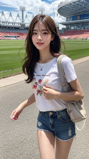 16 year old Korean woman, smiling, long brown hair, floral T-shirt and shorts, blue jeans and sneakers, white sneakers, walking near the Olympic stadium in France, shoulder bag, earrings, necklace, 150cm , adorable smile, (Luanmei)