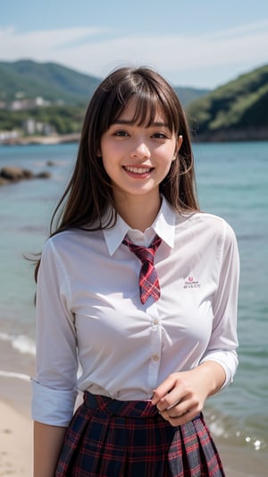 Hyper-realistic portrait of an 18 year old girl with beautiful hair. She wears a uniform light brown blazer over a white shirt, complete with a tartan tie and tartan skirt. She creates images. Her brown one-length hair is complemented by her blunt bangs that frame her face. She stands calmly on the shore near the sea with a gentle smile, and her blue eyes radiate warmth. Her discreet red ribbon adds a charming touch to her uniform attire. nice smile, teeth,