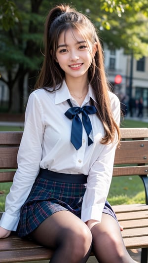 Surreal portrait of a 16 year old girl with long beautiful hair. She is wearing her school uniform, a sailor suit, with a white shirt, tartan tie, and skirt. She is painting an image. Her brown ponytail hair is complemented by her blunt bangs that frame her face. She is sitting on a white bench chair in the park, a gentle smile on her face and warmth radiating from her blue eyes. Her discreet red ribbon adds a charming touch to her uniform look. A smile, knee-length tights, a smile,
