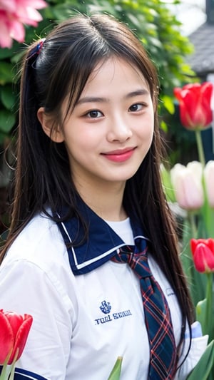 Surreal portrait of a 16 year old girl with long beautiful hair. She is wearing her school uniform, a sailor suit, with a white shirt, tartan tie, and tartan plaid skirt. She is painting an image. Her hair is in a brown ponytail, and she is in her home's garden of flowers, including tulips, with a gentle smile on her face and warmth radiating from her blue eyes. Her uniform is a modest red ribbon. A lovely smile that adds a charming touch to