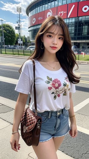 16 year old Korean female, smiling, long brown hair, floral print T-shirt and shorts, blue jeans and sneakers, white sneakers, walking near Stade de France, shoulder bag, earrings, necklace , 150cm, adorable smile, (Luanmei)