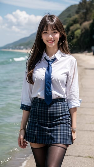 Hyperrealistic portrait of an 18 year old girl with long beautiful hair. She wears a uniform light brown blazer over a white shirt, complete with a tartan tie and tartan skirt. She creates images. Her brown hair is complemented by blunt bangs that frame her face. Fairly thin, she stands calmly on the shore near the sea with a gentle smile, and her blue eyes radiate warmth. A discreet red ribbon adds a charming touch to the uniform outfit. A smile, knee-length tights,