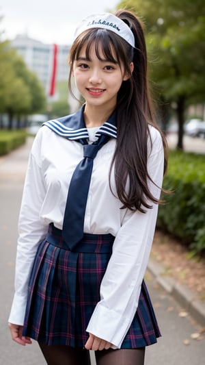 Surreal portrait of a 16 year old girl with long beautiful hair. She is wearing her school uniform, a sailor suit, with a white shirt, tartan tie and skirt. She is painting an image. Her brown ponytail hair is complemented by her blunt bangs that frame her face. She stands quietly in the park, a gentle smile on her face and warmth radiating from her blue eyes. Her discreet red ribbon adds a charming touch to her uniform look. A smile, knee-length tights,smile,