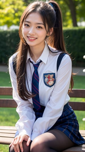 Surreal portrait of a 16 year old girl with long beautiful hair. She wears her school uniform, a sailor suit, with a white shirt, tartan tie, and skirt. She is painting an image. Her hair is in a brown ponytail, she is sitting on a white bench chair in the park, a gentle smile on her face and warmth radiating from her blue eyes. Her discreet red ribbon adds a charming touch to her uniform look. A smile, knee-length tights, a smile,