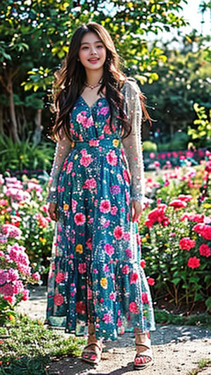 A stunning Ukrainian beauty is posing in a lush botanical garden on a bright sunny day. She wears a bright traditional embroidered dress decorated with intricate black, red and green patterns, and her blonde hair shines under the warm light. Her radiant smile captures the essence of her joy as she stands where the sea and flower fields bloom. A gentle breeze sways her petals, harmonizing with her carefree laughter. 16 years old, nice smile, teeth, earrings, necklace, white high heels, whole body,