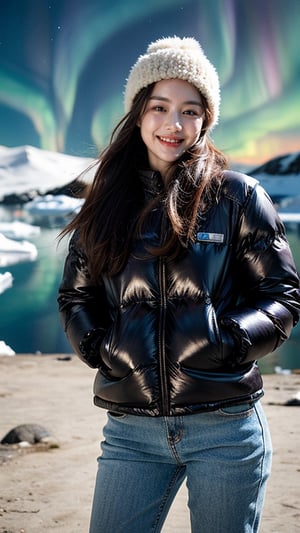 Masterpiece, Top Quality, ((Colorful Aurora)), Penguin colony in Antarctica, snow field, 1 girl, 16 years old, nice smile, teeth, solo, long brown hair, brown eyes, wool hat, gloves , coat, denim pants, looking at the viewer, standing, dynamic vista shot, bright sunlight, perfect composition, super detailed, official art, detailed background, surreal, high resolution, background details​ has been strengthened.