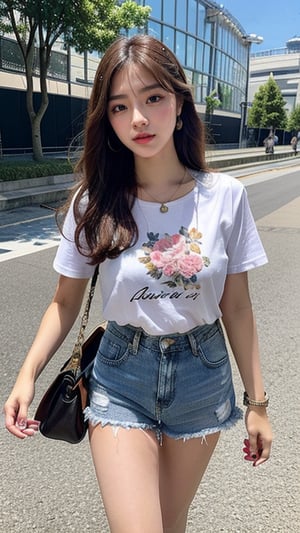 16 year old Korean female, smiling, long brown hair, floral print T-shirt and shorts, blue jeans and sneakers, white sneakers, walking near Stade de France, shoulder bag, earrings, necklace , 150cm, adorable smile, (Luanmei)