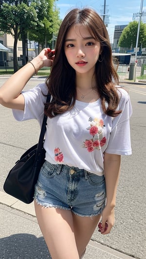 16 year old Korean female, smiling, long brown hair, floral print T-shirt and shorts, blue jeans and sneakers, white sneakers, walking near Stade de France, shoulder bag, earrings, necklace , 150cm, adorable smile, (Luanmei)