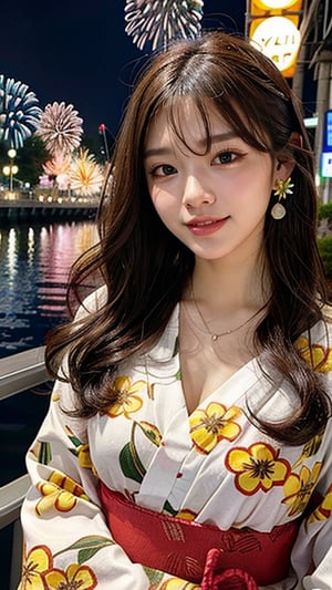 16-year-old Korean woman, smile, long brown hair, colorful floral pattern yukata, watching the Sumida River fireworks festival, earrings, necklace, 150cm, nice smile, (LuanMei)