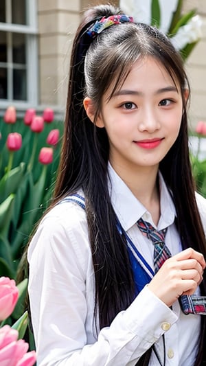 Surreal portrait of a 16 year old girl with long beautiful hair. She is wearing her school uniform, a sailor suit, with a white shirt, tartan tie, and tartan plaid skirt. She is painting an image. Her hair is in a brown ponytail, and she is in her home's garden of flowers, including tulips, with a gentle smile on her face and warmth radiating from her blue eyes. Her uniform is a modest red ribbon. A lovely smile that adds a charming touch to