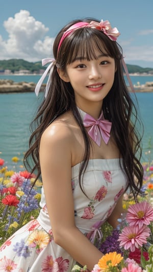 One girl, solo, long hair, looking at the viewer, bangs, brown hair, strapless, colorful floral dress, outdoors, clouds in the sky, sea view, flower field full of flowers, flowers in hand, Bowknot, ribbon, hair ribbon, hairband, open lips, bow tie, lips, bowknot, ribbon, realistic, 16 years old, height 150cm, lovely smile, teeth, Leonardo