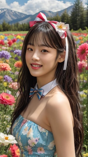 One girl, solo, long hair, looking at the viewer, bangs, brown hair, strapless, colorful floral dress, outdoors, mountain view, in a flower field full of flowers, flowers in hand Has, bowknot, ribbon, hair ribbon, hair band, open lips, bow tie, lips, bowknot, ribbon, realistic, 16 years old, height 150cm, nice smile, teeth, Leonardo