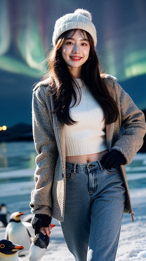 Masterpiece, Top Quality, ((Colorful Aurora)), Penguin colony in Antarctica, snow field, 1 girl, 16 years old, nice smile, teeth, solo, long brown hair, brown eyes, wool hat, gloves , coat, denim pants, looking at the viewer, standing, dynamic vista shot, bright sunlight, perfect composition, super detailed, official art, detailed background, surreal, high resolution, background details​ has been strengthened.