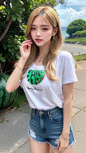 Korean female, 16 years old, long blonde shiny fairy hair, oversized t-shirt in Karaul, shorts, blue jeans, going to the beach and breaking watermelon, smiling, blue eyes, beautiful face, smiling, loud Laughs, wears necklace and earrings, (Luanmei),smile,