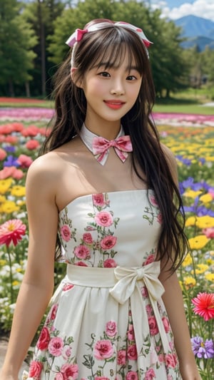 One girl, solo, long hair, looking at the viewer, bangs, brown hair, strapless, colorful floral dress, outdoors, mountain view, in a flower field full of flowers, flowers in hand Has, bowknot, ribbon, hair ribbon, hair band, open lips, bow tie, lips, bowknot, ribbon, realistic, 16 years old, height 150cm, nice smile, teeth, Leonardo