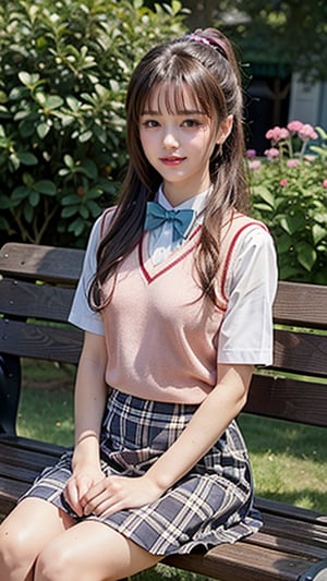 Masterpiece, Top Quality, High Resolution, 1 Female, Solo, Long Hair, Brown Hair, Ponytail, Parted Bangs, Blue Eyes, Uniform, Red Bow Tie, White Shirt, Short Sleeves, Pink Sweater Vest, Tartan Skirt, Sitting, Outdoors, white bench, smile, 16 years old, smiling,