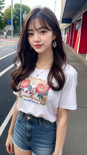 16 year old Korean female, smiling, long brown hair, floral print T-shirt and shorts, blue jeans and sneakers, white sneakers, walking near Stade de France, shoulder bag, earrings, necklace , 150cm, adorable smile, (Luanmei)