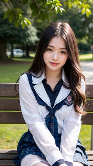 Surreal portrait of a 16 year old girl with long beautiful hair. She is wearing her school uniform, a sailor suit, with a white shirt, tartan tie, and tartan plaid skirt. She is painting an image. Her hair is long and brown, and she is sitting on a white bench chair in the park, a gentle smile on her face and warmth radiating from her blue eyes. Her discreet red ribbon adds a charming touch to her uniform. A smile, knee-length tights, a smile,