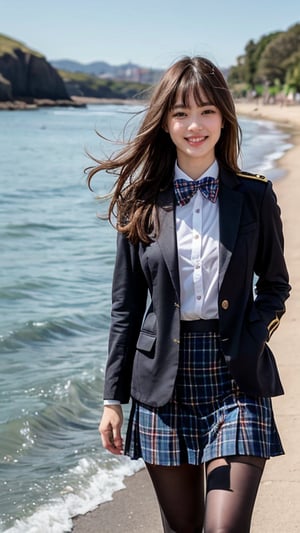 Hyperrealistic portrait of an 18 year old girl with long beautiful hair. She wears a uniform light brown blazer over a white shirt, complete with a tartan tie and tartan skirt. She creates images. Her brown hair is complemented by blunt bangs that frame her face. Fairly thin, she stands calmly on the shore near the sea with a gentle smile, and her blue eyes radiate warmth. A discreet red ribbon adds a charming touch to the uniform outfit. A smile, knee-length tights,