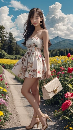 1 girl, solo, long hair, looking at viewer, bangs, brown hair, strapless, full body, colorful floral dress, gold high heels, outdoors, clouds in the sky, mountain view, flower field, headband, open lips, lips, real, 16 years old, 150 cm tall, adorable smile, teeth, earrings, necklace, shoulder bag, Leonardo