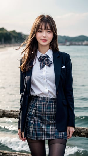 Ultra-realistic portrait of an 18 year old girl with long beautiful hair. She wears a uniform light brown blazer over her white shirt, complete with a tartan tie and tartan skirt. She produces images. Her brown hair is complemented by her blunt bangs that frame her face. She stands calmly on the shore near the sea with a gentle smile, and her blue eyes radiate warmth. Her discreet red ribbon adds a charming touch to her uniform attire. A smile, knee-length tights,