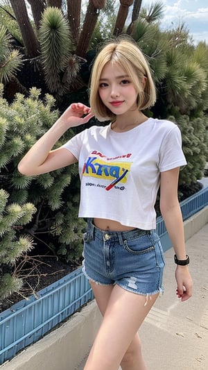 16-year-old Korean woman, blonde short bob hairstyle, simple and fashionable colorful T-shirt and shorts, blue jeans and sneakers, white sneakers, walking in the desert, background, smile, (Ruan-mei)