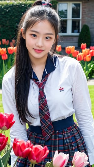 Surreal portrait of a 16 year old girl with long beautiful hair. She is wearing her school uniform, a sailor suit, with a white shirt, tartan tie, and tartan plaid skirt. She is painting an image. Her hair is in a brown ponytail, and she is in her home's garden of flowers, including tulips, with a gentle smile on her face and warmth radiating from her blue eyes. Her uniform is a modest red ribbon. A lovely smile that adds a charming touch to