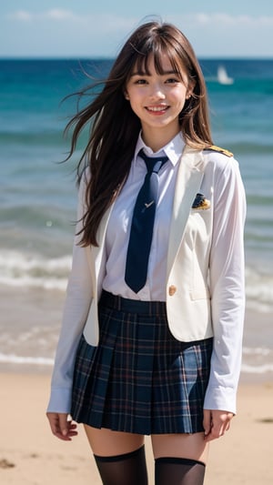 Ultra-realistic portrait of an 16 year old girl with long beautiful hair. Her uniform is a brown blazer with a white shirt, tartan tie, and tartan skirt. She paints images. Her brown hair is complemented by her blunt bangs that frame her face. She stands quietly on the beach with a gentle smile, and her blue eyes radiate warmth. Her discreet red ribbon adds a charming touch to her uniform look. A smile, knee-length tights,