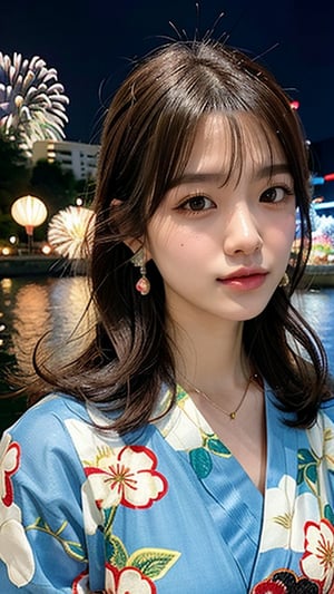 16-year-old Korean woman, smile, long brown hair, colorful floral pattern yukata, watching the Sumida River fireworks festival, earrings, necklace, 150cm, nice smile, (LuanMei)