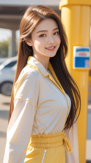 Gas station, 16 years old, beautiful girl, happy smile, very long ponytail, straight hair, brown hair, wearing long sleeve jumpsuit (yellow), top quality, 32k, photorealistic, super detailed, with great attention to detail High resolution, perfect dynamic composition, beautiful detailed eyes, sharp focus, whole body, cowboy shot, smile, smile,